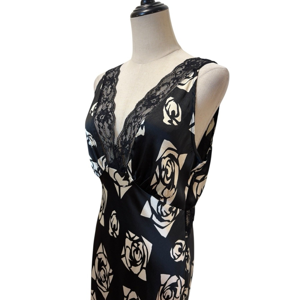 Topshop Black Satin Slip Dress Lace Rose Print Sz 8 Dark Coquette Whimsigoth - Picture 4 of 11
